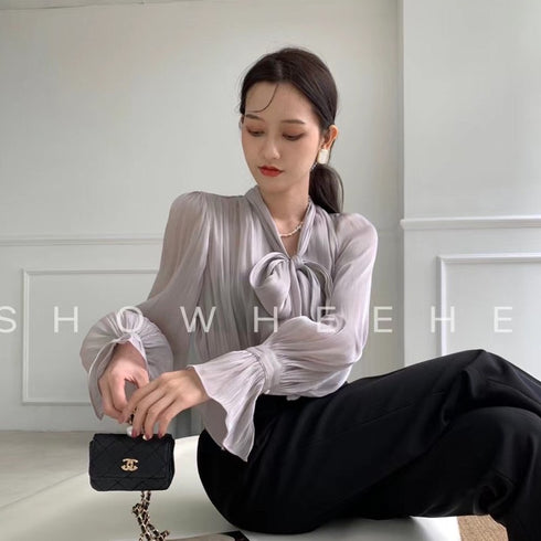 Casual Collar Tie Shirts With Long Lantern Sleeves